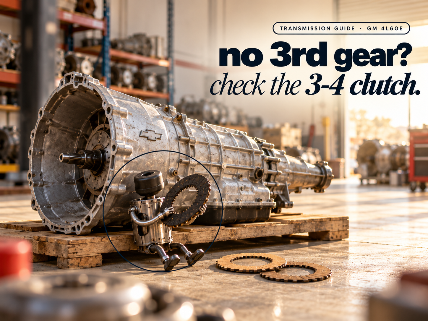 A small figure made of a sun shell and steel lines holding up a burned clutch plate beside a 4-speed GM transmission, headline "no 3rd gear? check the 3-4 clutch."
