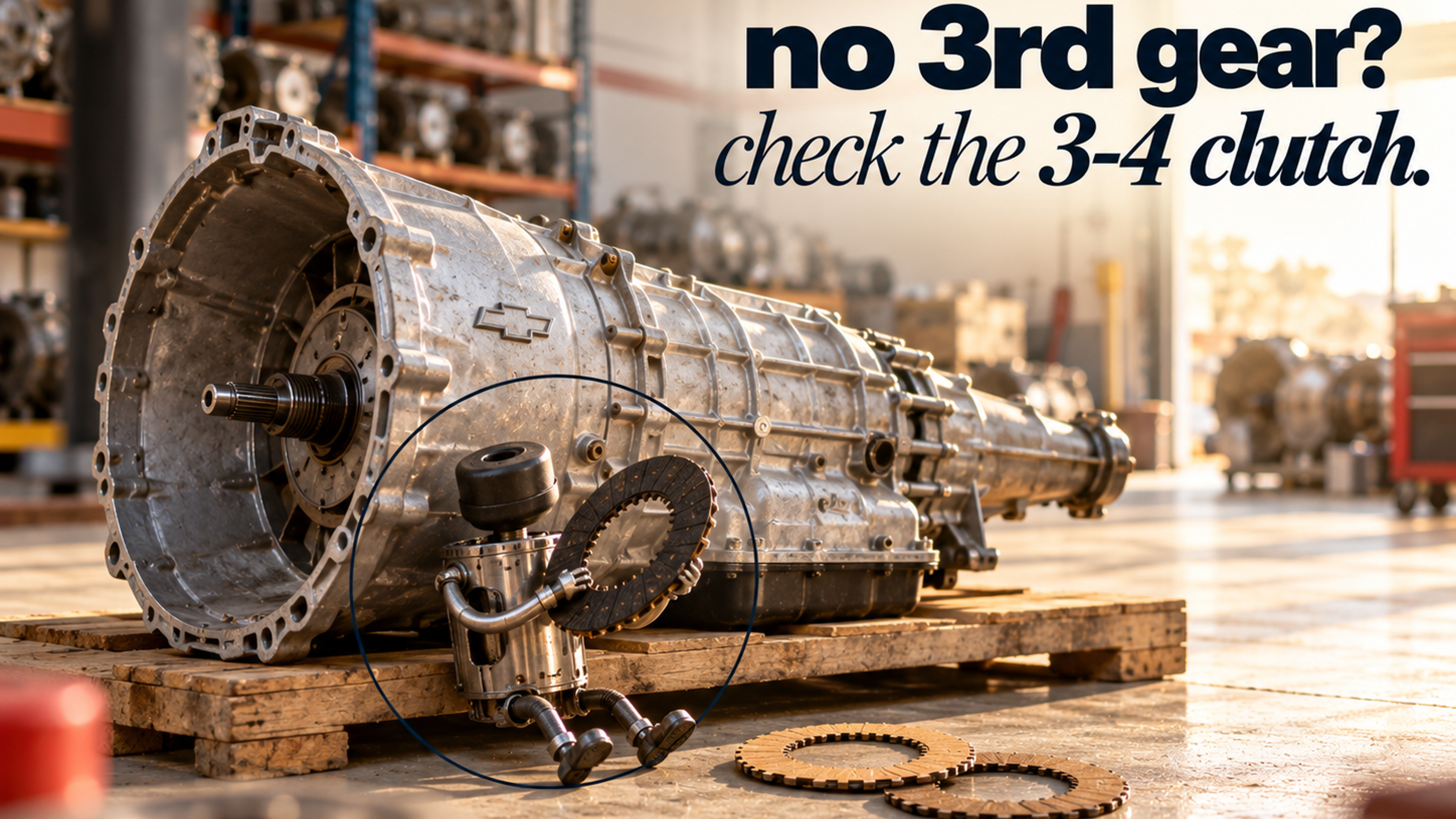 A small figure made of a sun shell and steel lines holding up a burned clutch plate beside a 4-speed GM transmission, headline "no 3rd gear? check the 3-4 clutch."