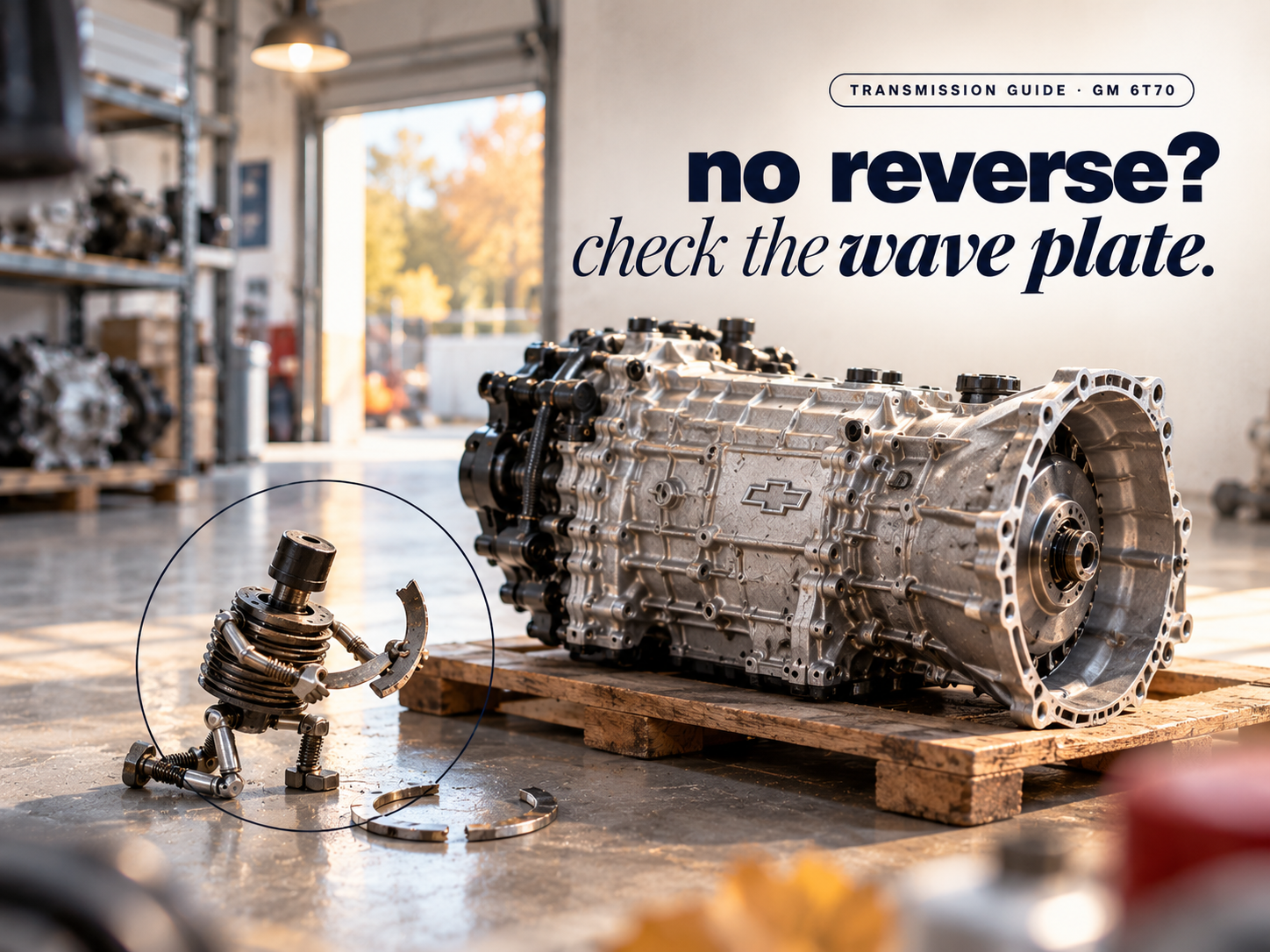 A small figure made of stacked wave plates kneeling beside a broken wave plate in front of a GM 6-speed transaxle, headline "no reverse? check the wave plate."