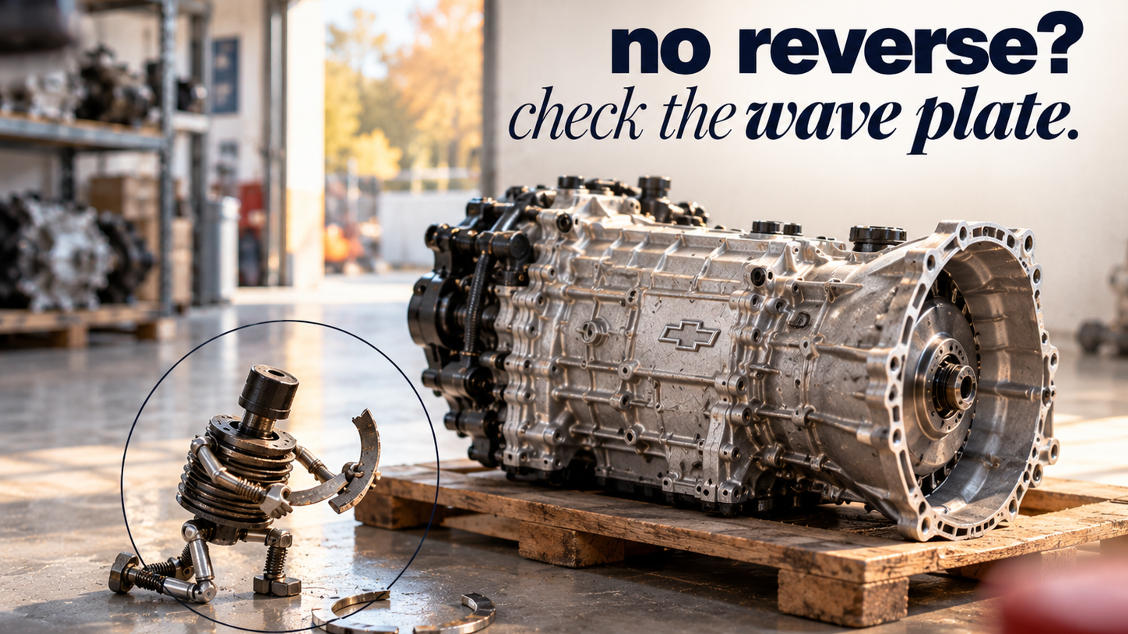A small figure made of stacked wave plates kneeling beside a broken wave plate in front of a GM 6-speed transaxle, headline "no reverse? check the wave plate."
