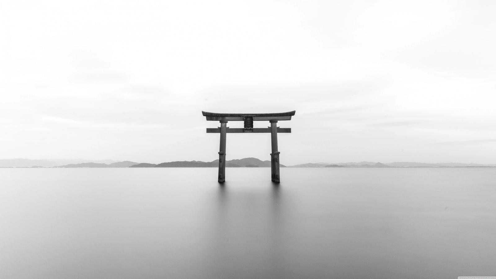 Black&White Torii Gate in the middle of a big lake with mountains far at the background