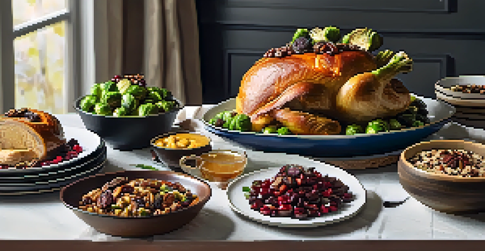A festive holiday dinner table with an array of colorful vegan dishes, elegant dinnerware, and warm lighting.