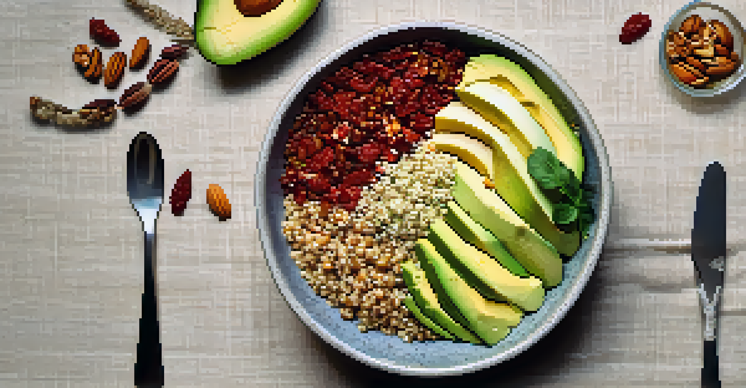 A colorful grain bowl with quinoa, avocado, sun-dried tomatoes, and nuts, topped with herbs and miso dressing, on a linen tablecloth.