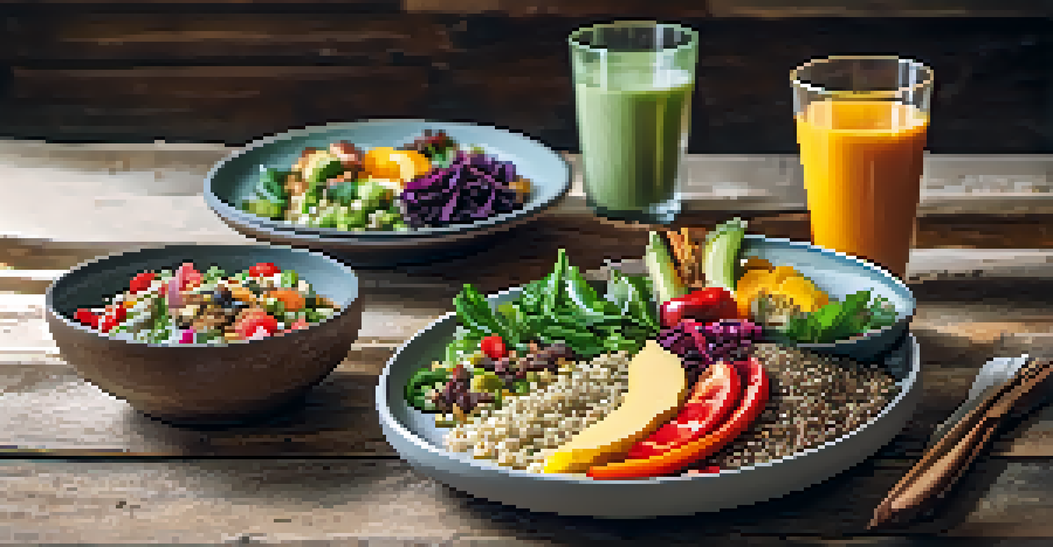 A close-up of an artistically arranged plate with grilled vegetables, quinoa salad, and a smoothie bowl, showcasing vibrant colors and textures.