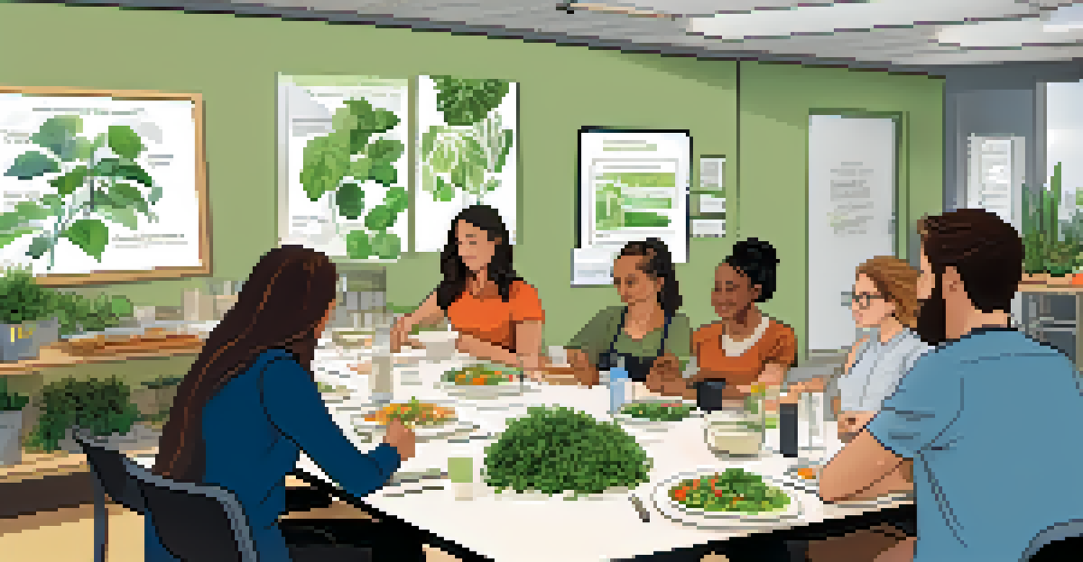 A lively workshop with employees sampling vegan food, seated around a table, while a facilitator discusses plant-based diets in a bright and inviting environment.
