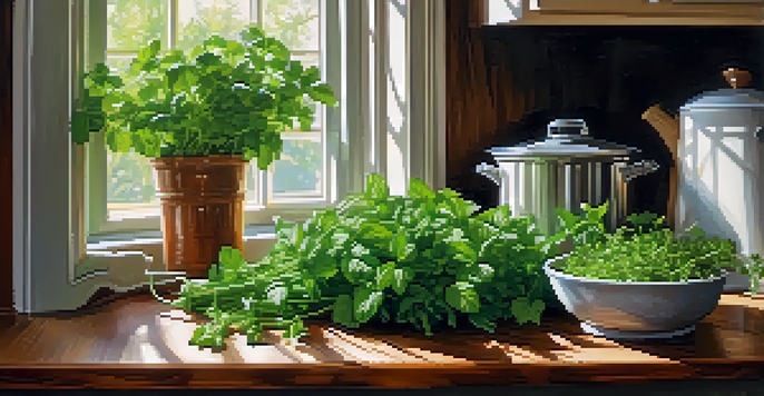 A rustic kitchen with fresh herbs on a wooden countertop, including basil, parsley, and mint, illuminated by sunlight.