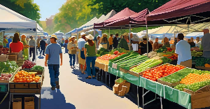 A lively farmers' market showcasing colorful fruits and vegetables with people browsing the stalls.
