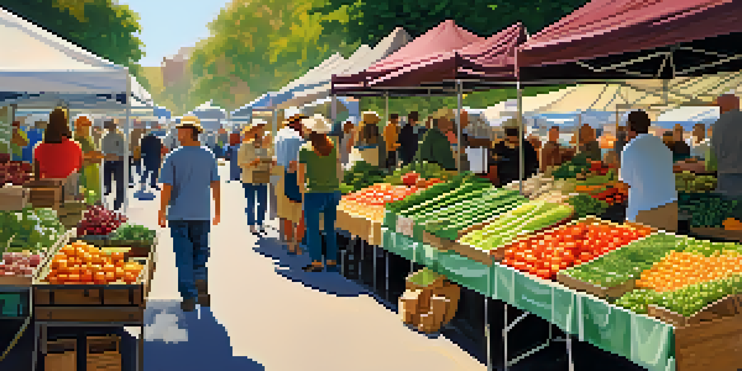 A lively farmers' market showcasing colorful fruits and vegetables with people browsing the stalls.