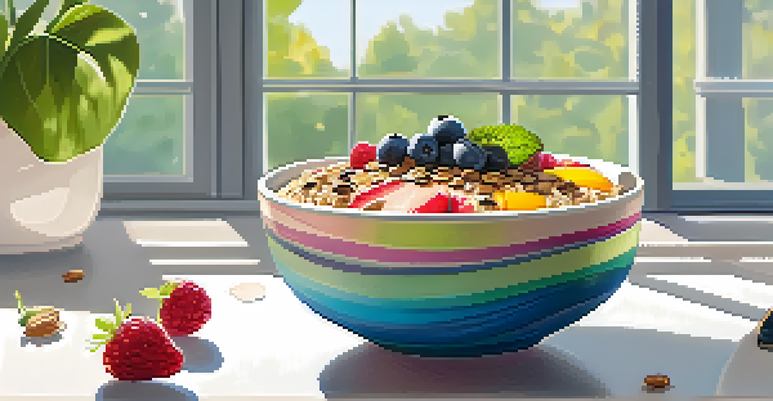 A visually appealing smoothie bowl filled with fruits and granola, placed on a sunny kitchen countertop with greenery in the background.
