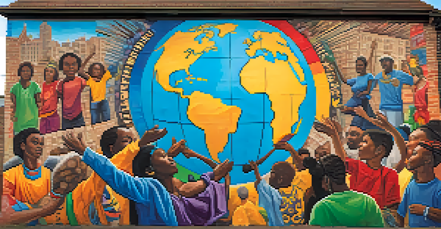 A mural showing diverse figures united around a globe, symbolizing the connection between veganism and racial justice.