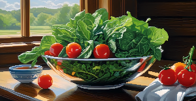 A colorful salad bowl with various leafy greens and vegetables, illuminated by natural sunlight.