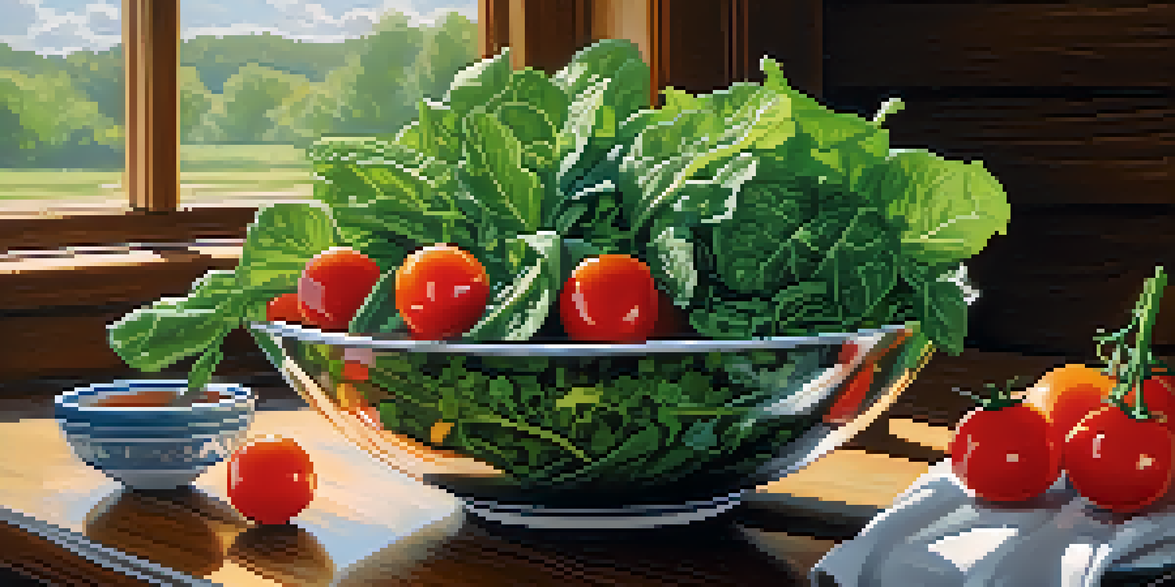 A colorful salad bowl with various leafy greens and vegetables, illuminated by natural sunlight.