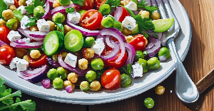 A close-up view of a colorful chickpea salad with fresh vegetables and feta cheese on a wooden table.