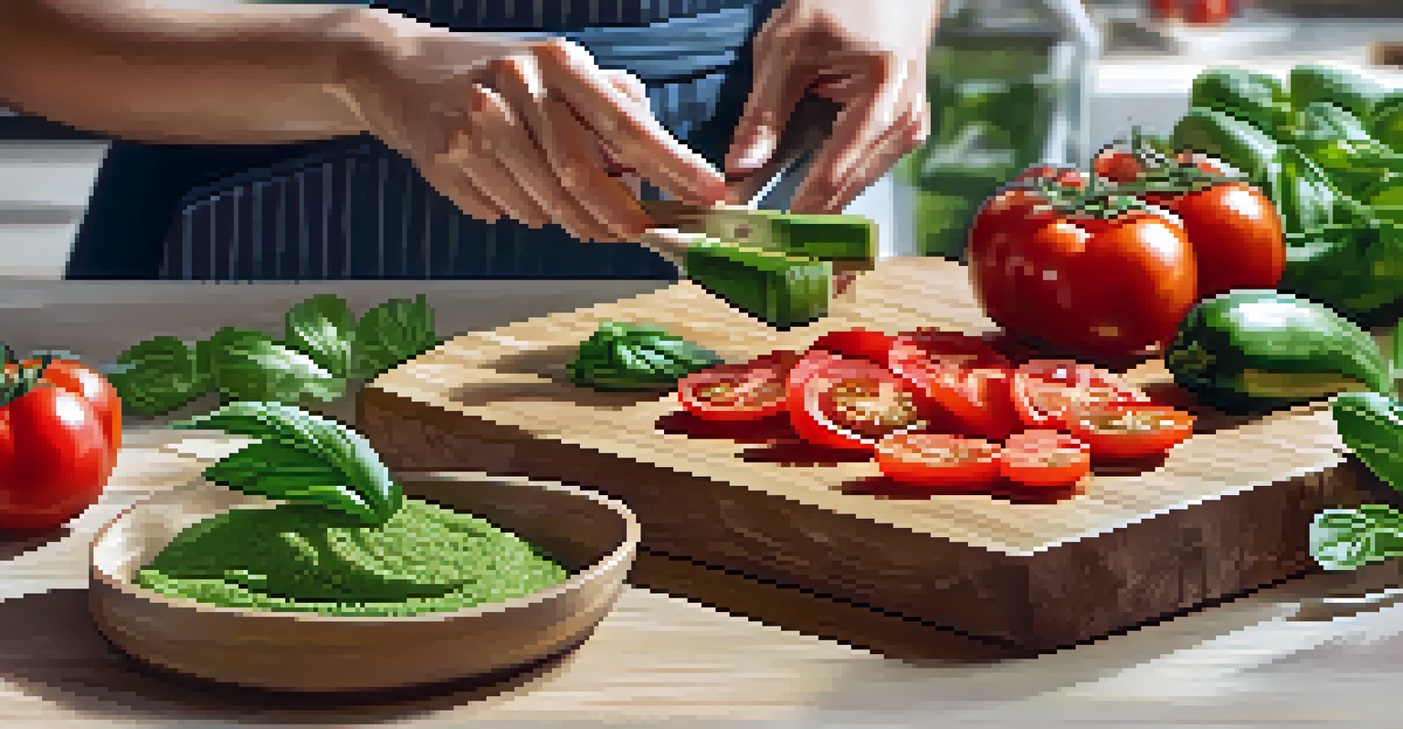 A close-up view of fresh vegetables and homemade pesto on a wooden cutting board, with natural light highlighting the colors.