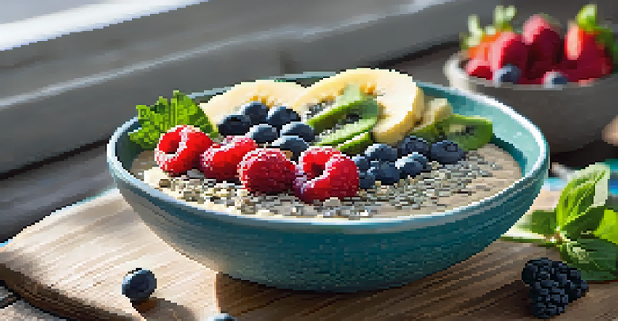 A colorful smoothie bowl with spinach, banana, and toppings such as berries and chia seeds, set on a wooden table in natural light.