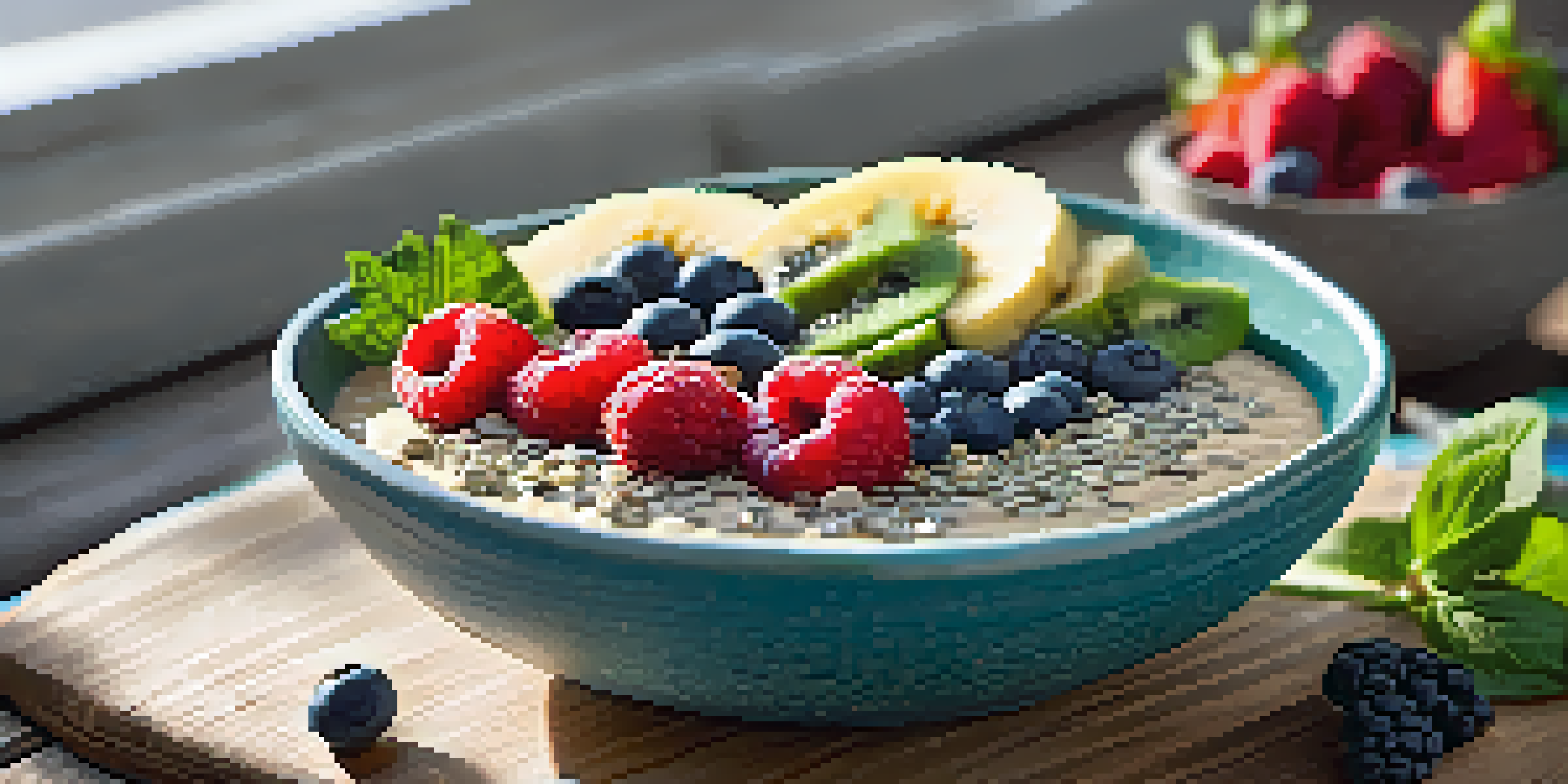 A colorful smoothie bowl with spinach, banana, and toppings such as berries and chia seeds, set on a wooden table in natural light.