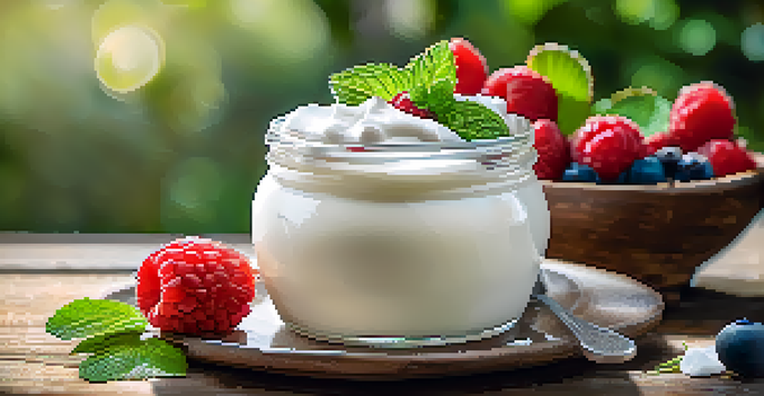 A bowl of vegan coconut cream with fresh berries and mint on a wooden table.