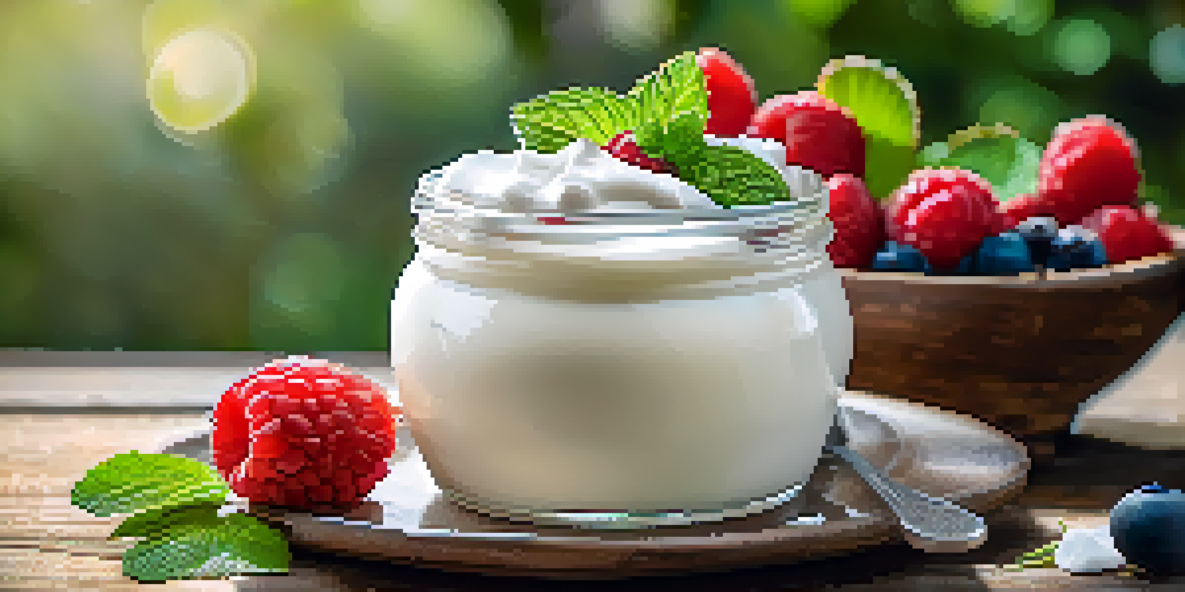 A bowl of vegan coconut cream with fresh berries and mint on a wooden table.