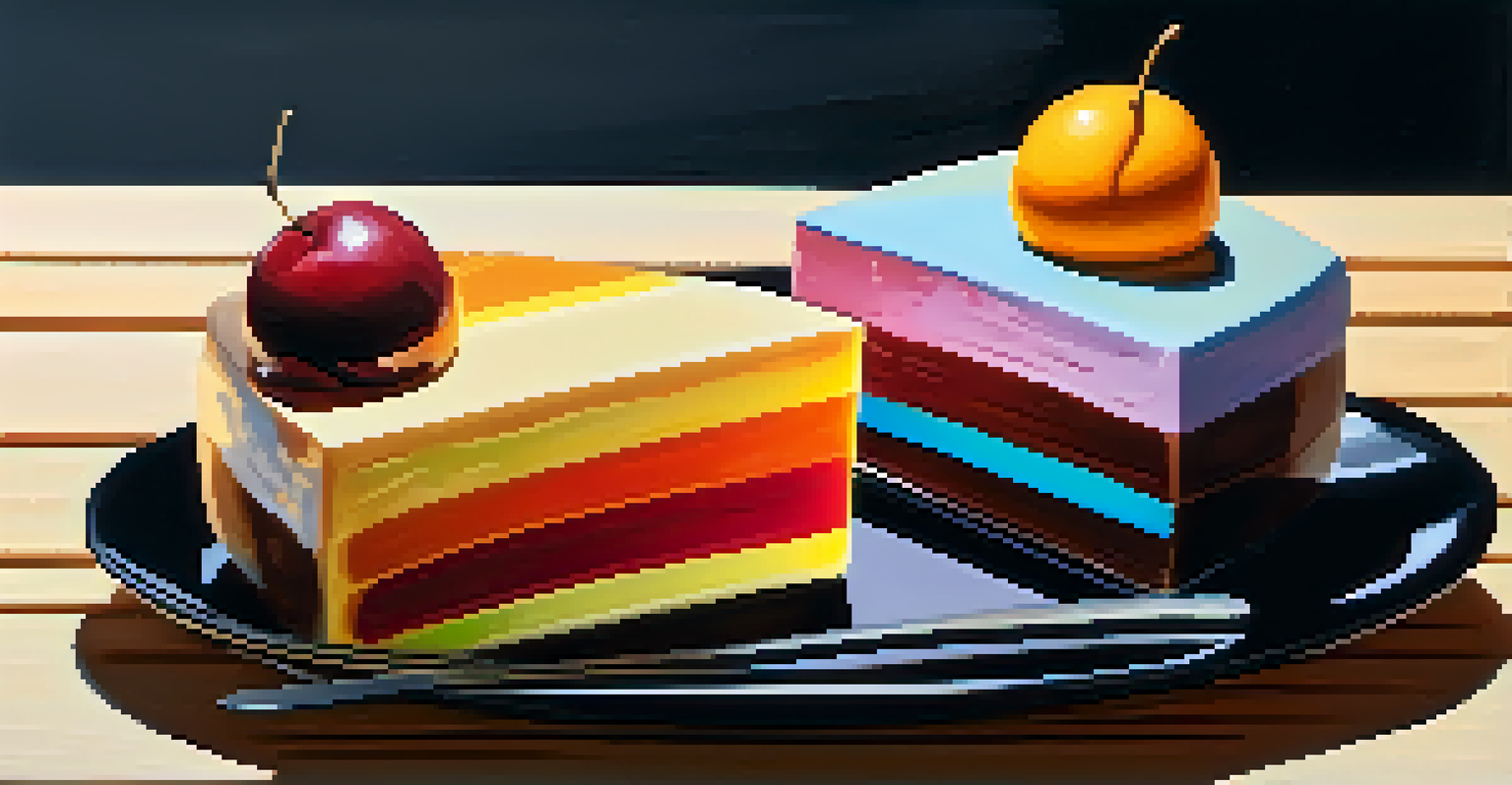 A layered vegan dessert on a black plate, highlighted by dramatic side lighting, showcasing its textures against a light wooden table.