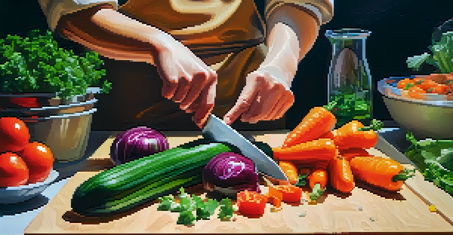A close-up of a chef chopping fresh vegetables for a vegan meal in a well-lit kitchen.