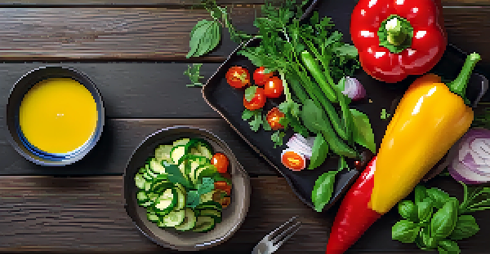 A colorful vegan meal with seasonal vegetables and tahini dressing on a wooden table.