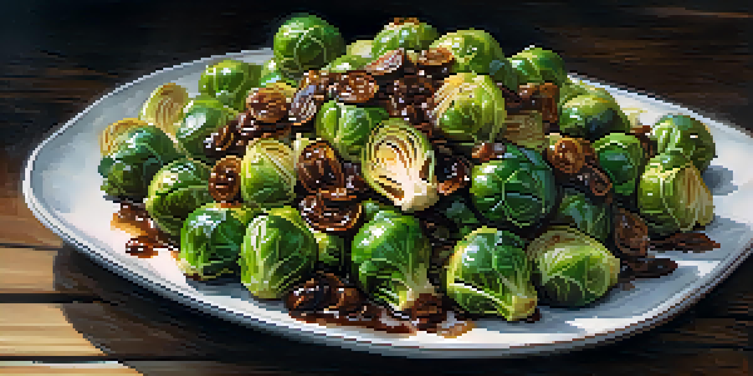 A plate of caramelized Brussels sprouts with a crispy exterior, drizzled with balsamic vinegar, presented on a rustic wooden table under soft lighting.