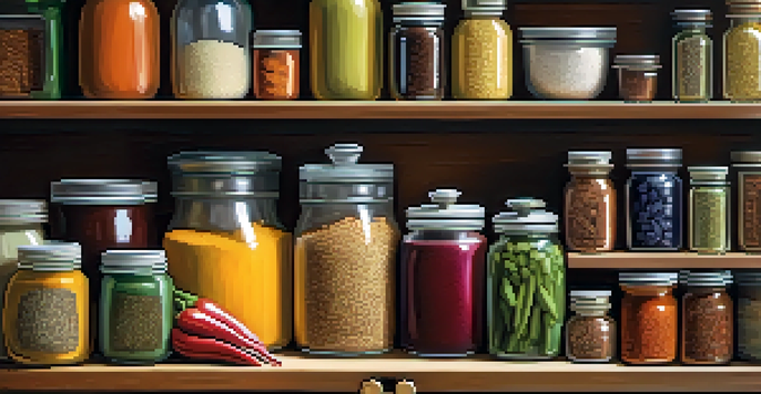 A well-organized kitchen filled with various vegan staples like rice, beans, spices, and fresh produce, illuminated by warm lighting.