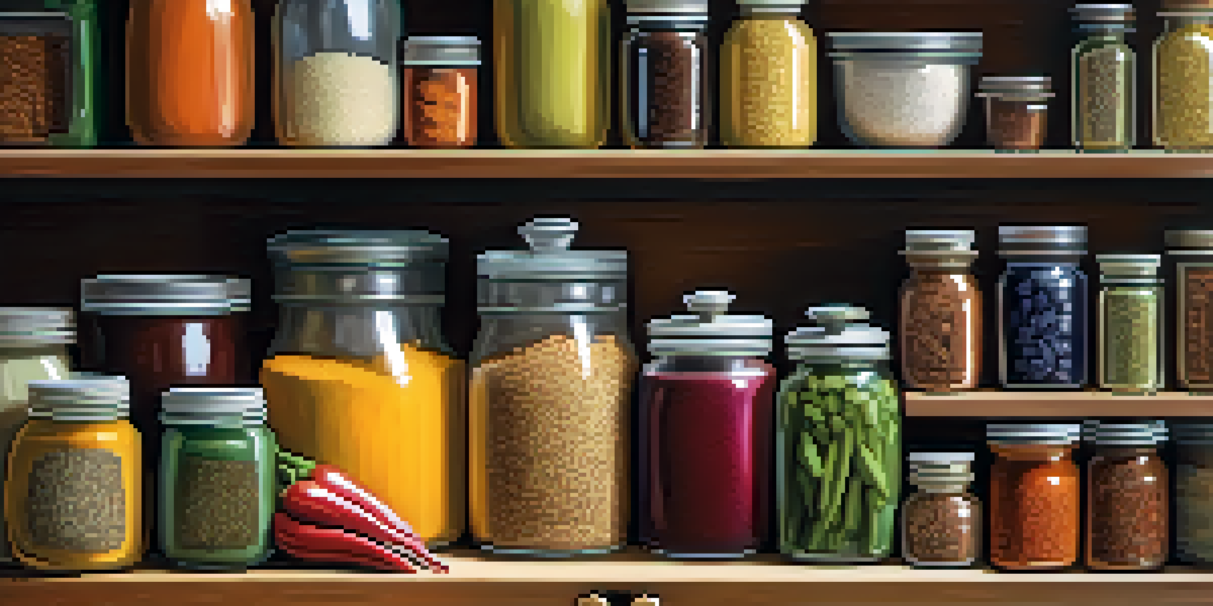 A well-organized kitchen filled with various vegan staples like rice, beans, spices, and fresh produce, illuminated by warm lighting.