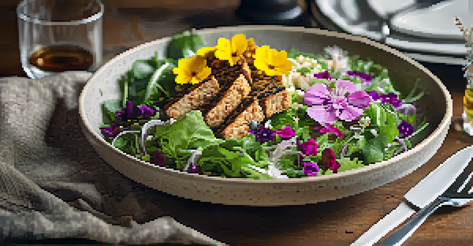 A plate of salad with mixed greens, tempeh, and sauerkraut, garnished with flowers and seeds, in a cozy dining setting.