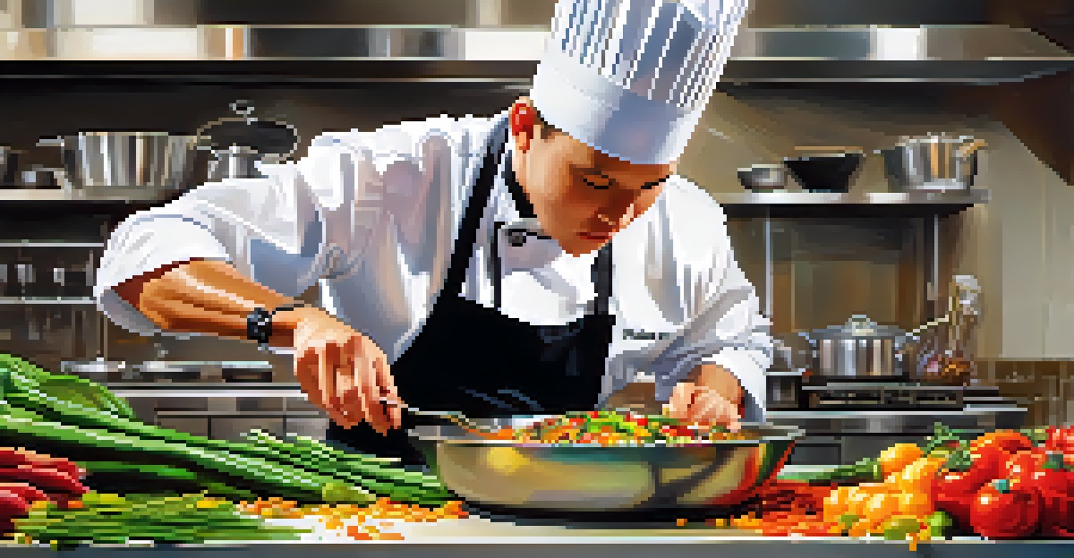 A chef plating a vibrant vegan dish in a professional kitchen during the 'Vegan Iron Chef' competition, with a mystery basket of ingredients nearby.