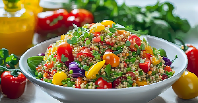 A colorful quinoa salad with bell peppers, cherry tomatoes, and herbs, drizzled with lemon vinaigrette.