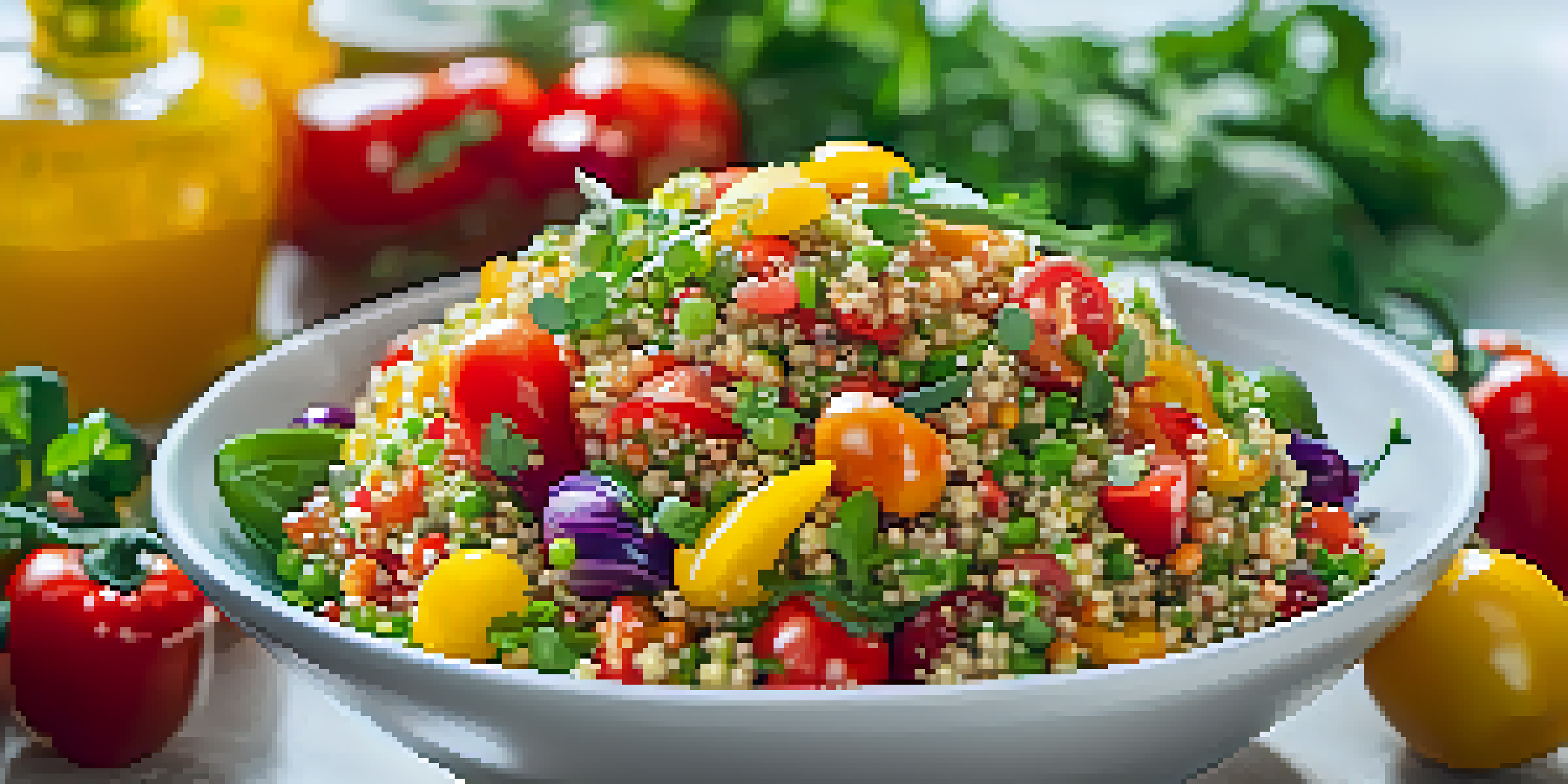 A colorful quinoa salad with bell peppers, cherry tomatoes, and herbs, drizzled with lemon vinaigrette.