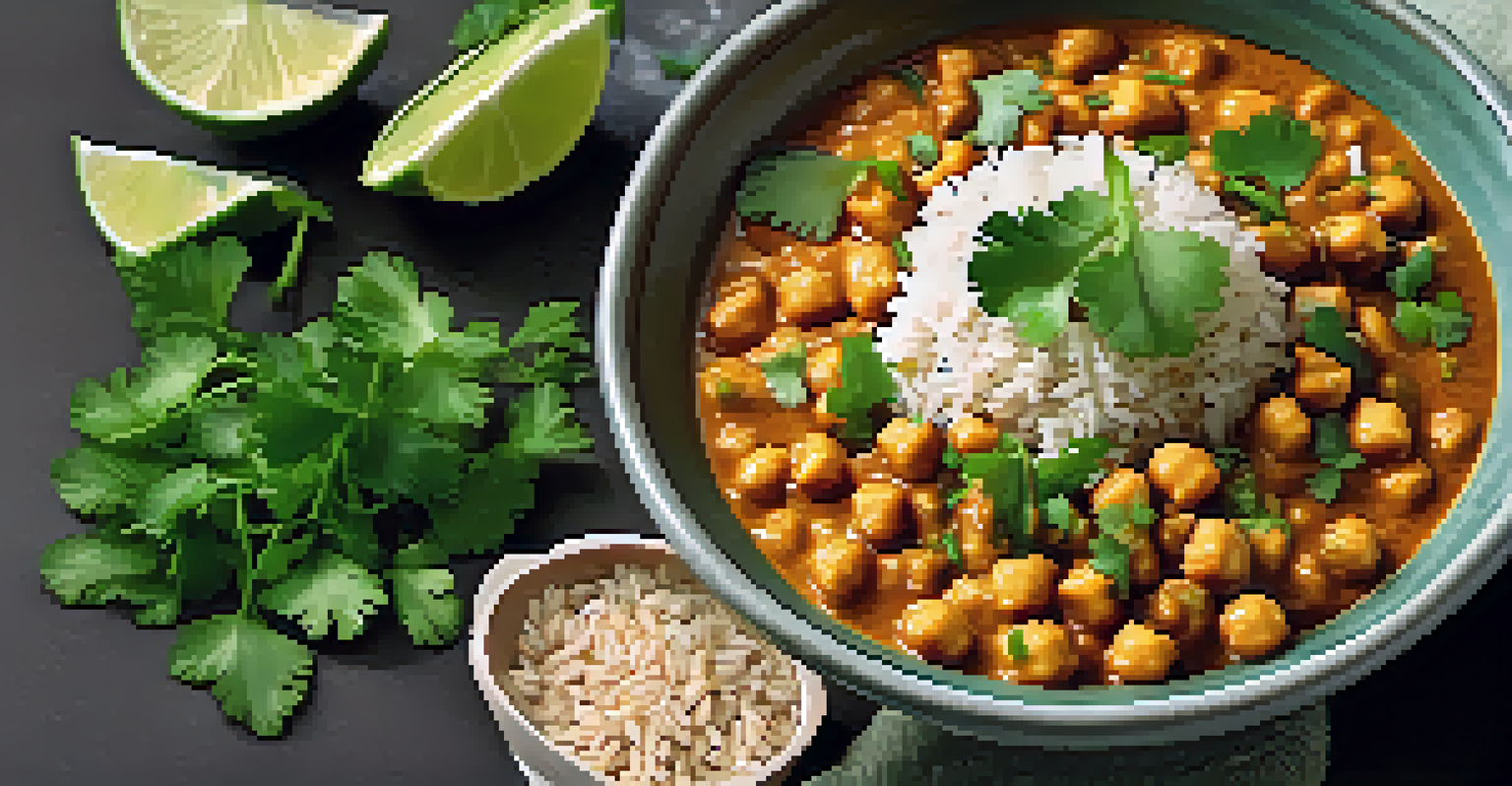 A bowl of chickpea curry garnished with cilantro, served with brown rice and lime wedges, illuminated by soft ambient lighting.