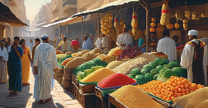 An ancient Egyptian market filled with fruits, vegetables, and grains, with people in traditional attire and colorful stalls under warm sunlight.