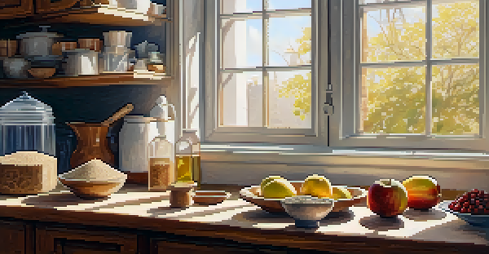 A kitchen countertop displaying vegan baking ingredients including almond flour, coconut sugar, and flaxseed meal, with fresh bananas and apples in a sunlit setting.