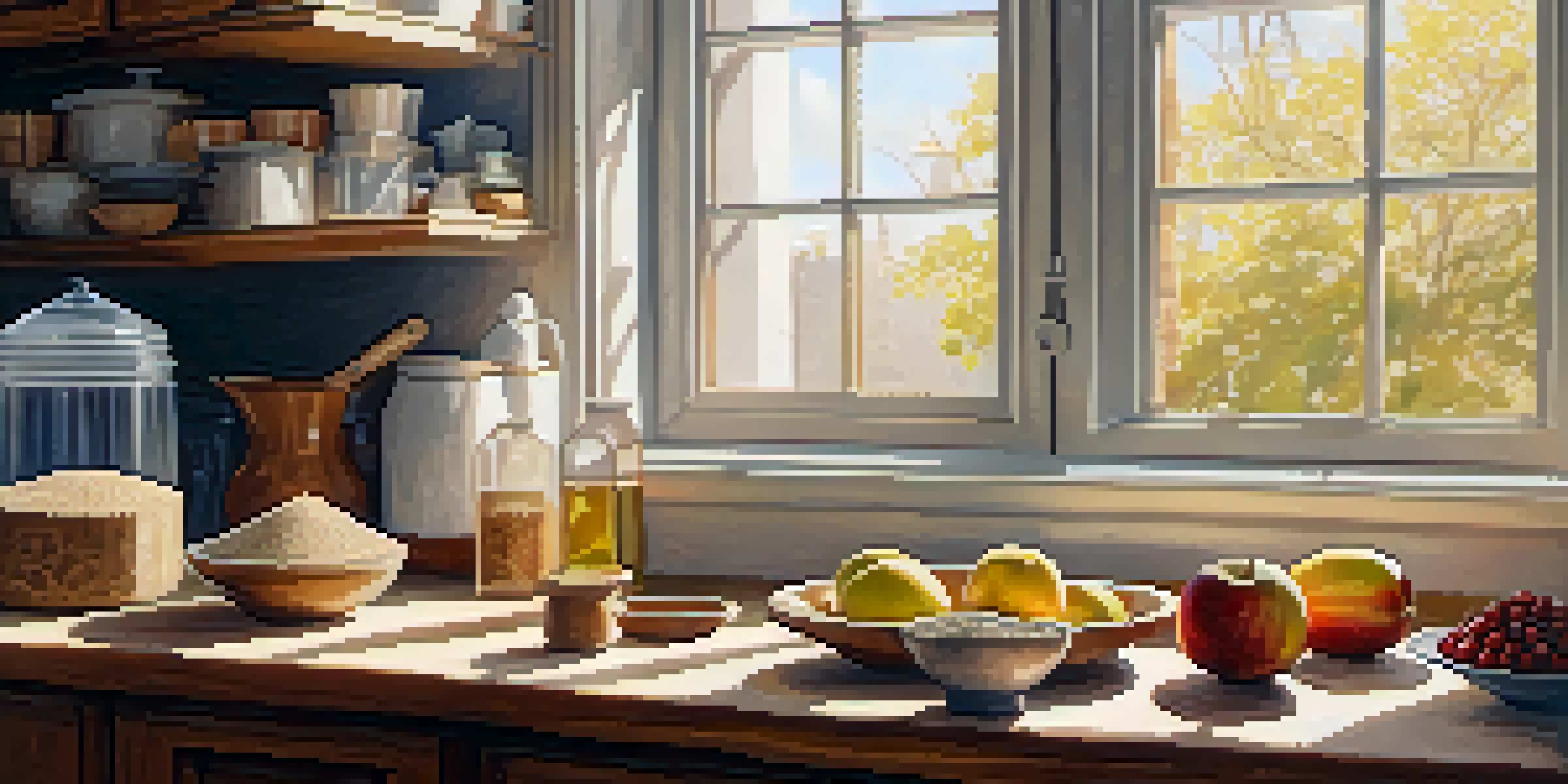A kitchen countertop displaying vegan baking ingredients including almond flour, coconut sugar, and flaxseed meal, with fresh bananas and apples in a sunlit setting.