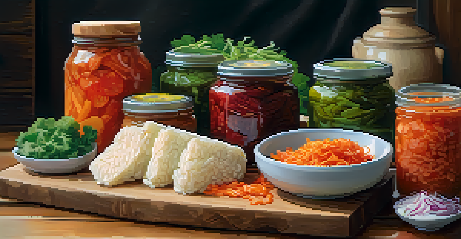 A cutting board with jars of kimchi and sauerkraut, and a plate of tempeh, surrounded by herbs, showcasing various fermented foods.