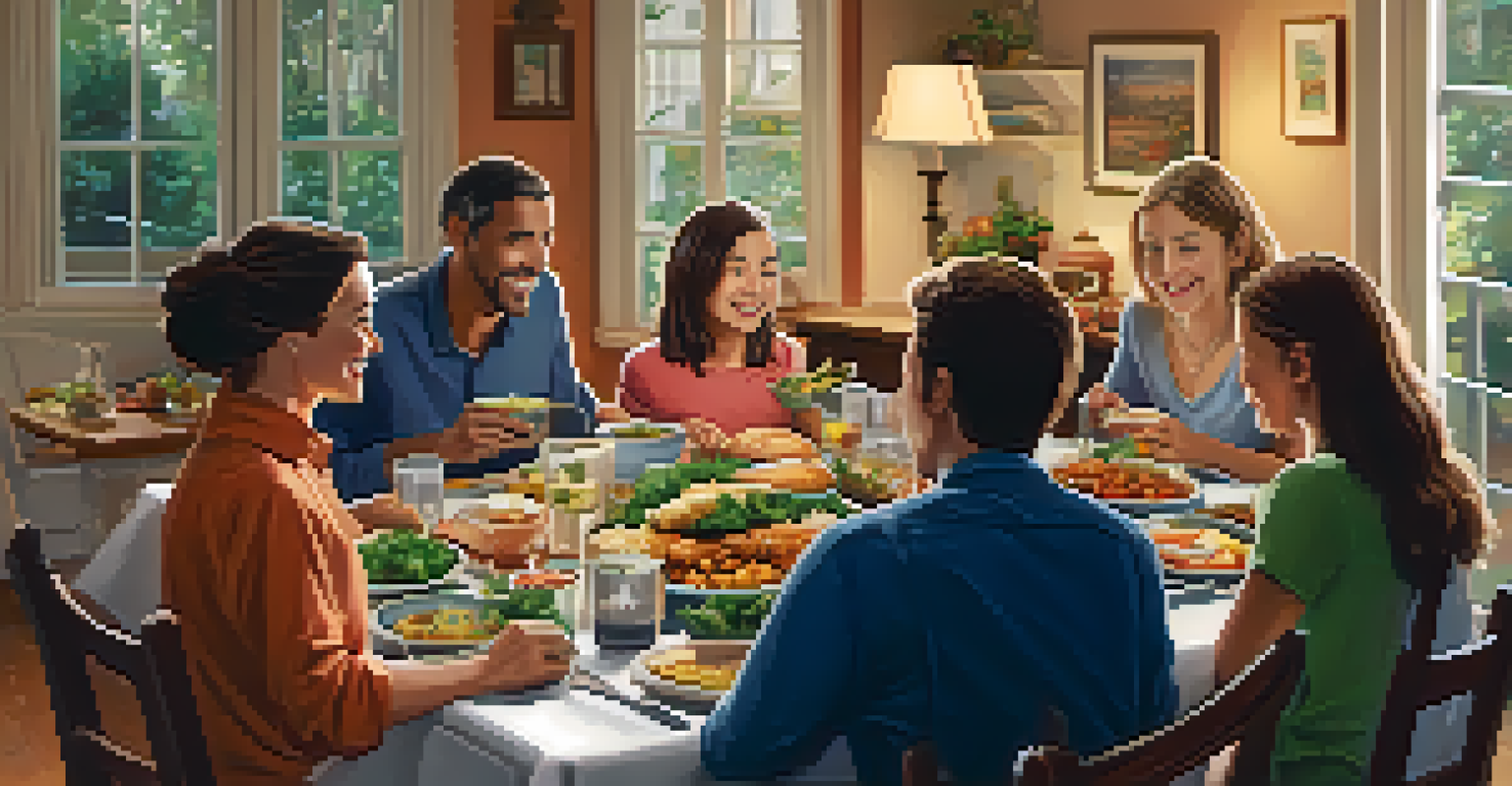 A family enjoying a meal together at a dining table filled with diverse dishes and warm lighting.
