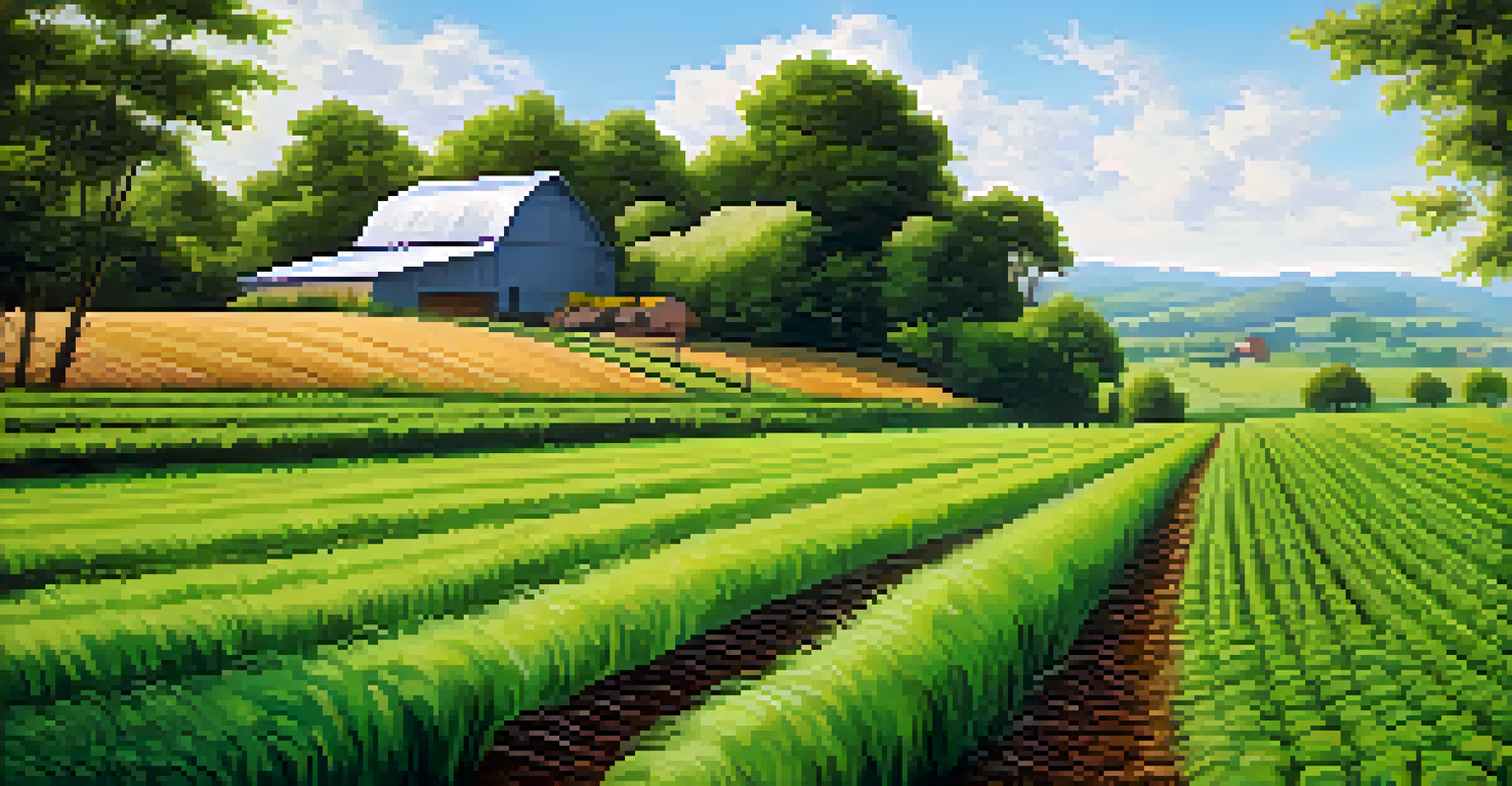 A lush green field with diverse crops and a clear blue sky, featuring a signpost for a vegan farm representing sustainable agriculture.