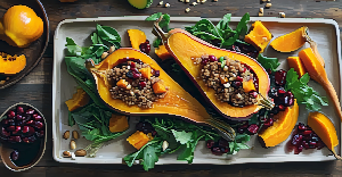 A roasted butternut squash stuffed with a colorful quinoa mixture, placed on a wooden table with seasonal vegetables and salad around it.