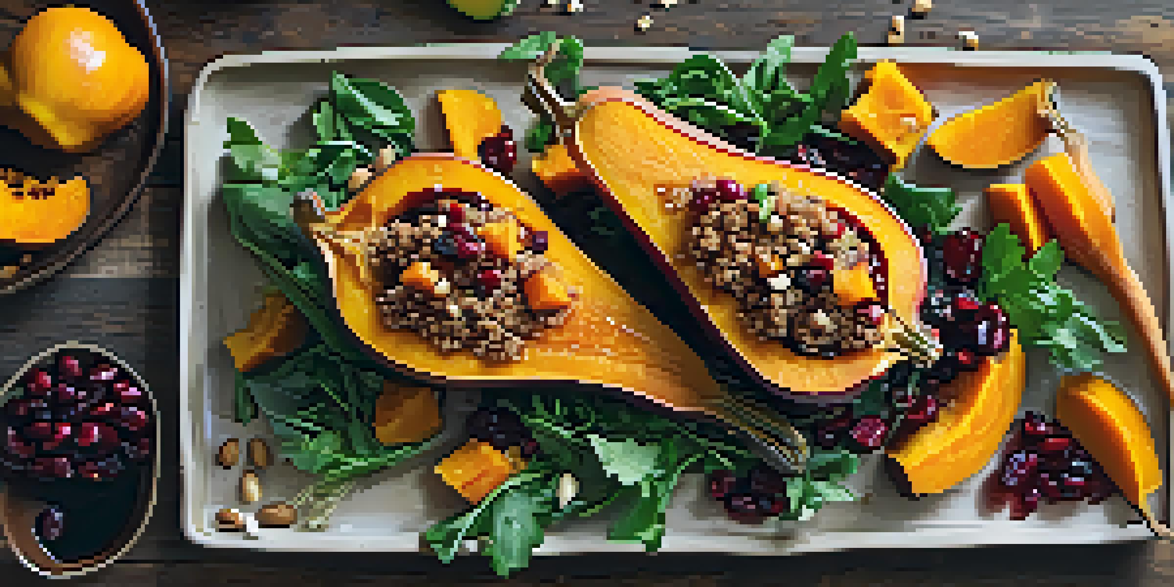 A roasted butternut squash stuffed with a colorful quinoa mixture, placed on a wooden table with seasonal vegetables and salad around it.