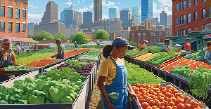 A community working in an urban garden filled with colorful vegetables and herbs, with a city skyline in the background under a clear blue sky.