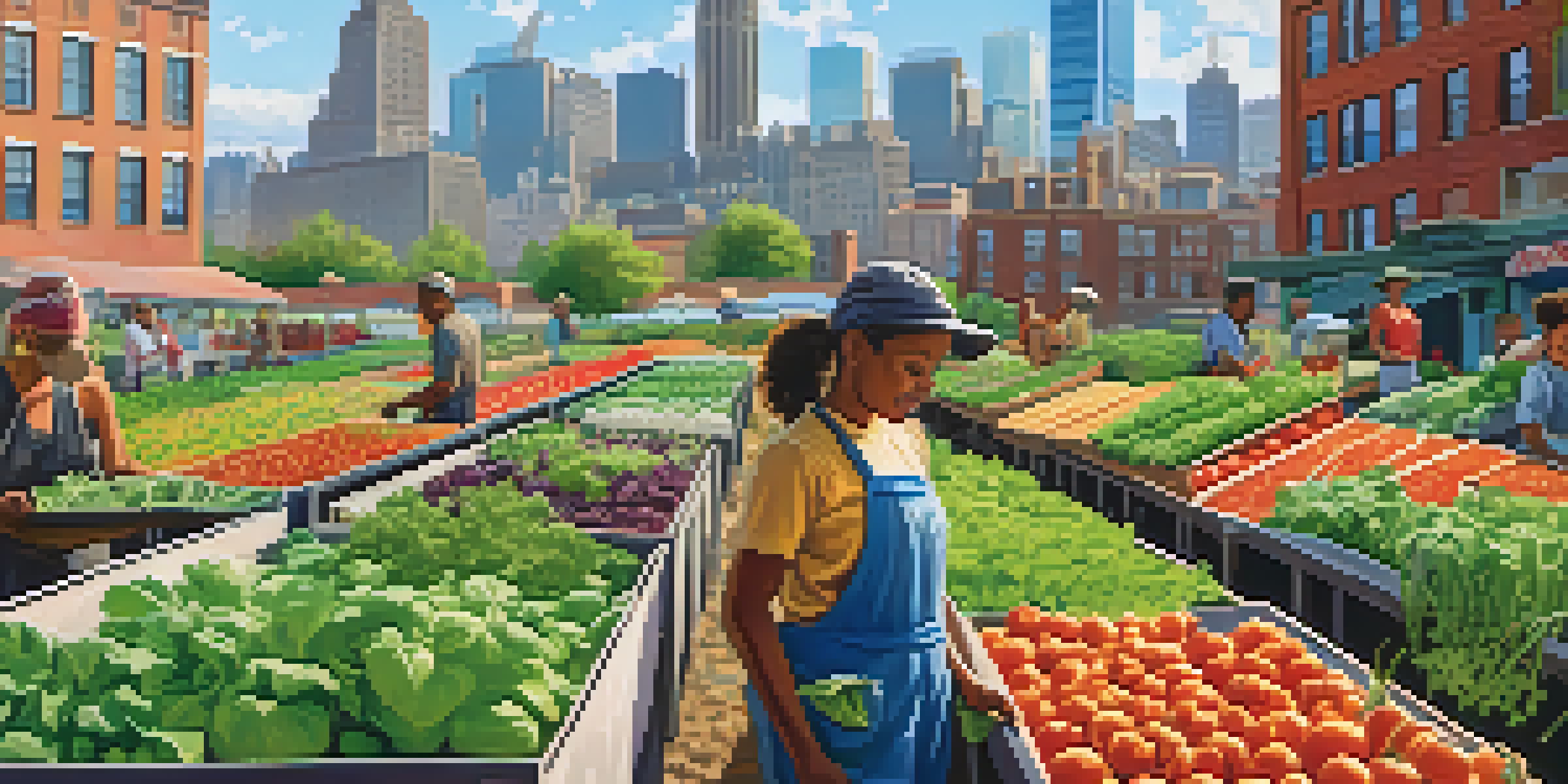 A community working in an urban garden filled with colorful vegetables and herbs, with a city skyline in the background under a clear blue sky.