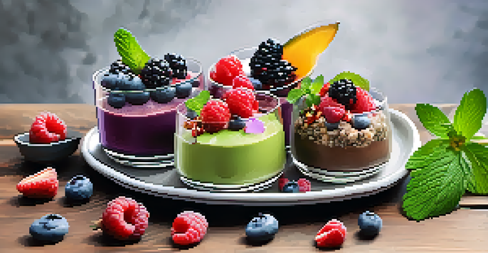 A vegan dessert platter showcasing an assortment of desserts including chocolate mousse, chia pudding, and berry crumble, decorated with fresh fruits and flowers.