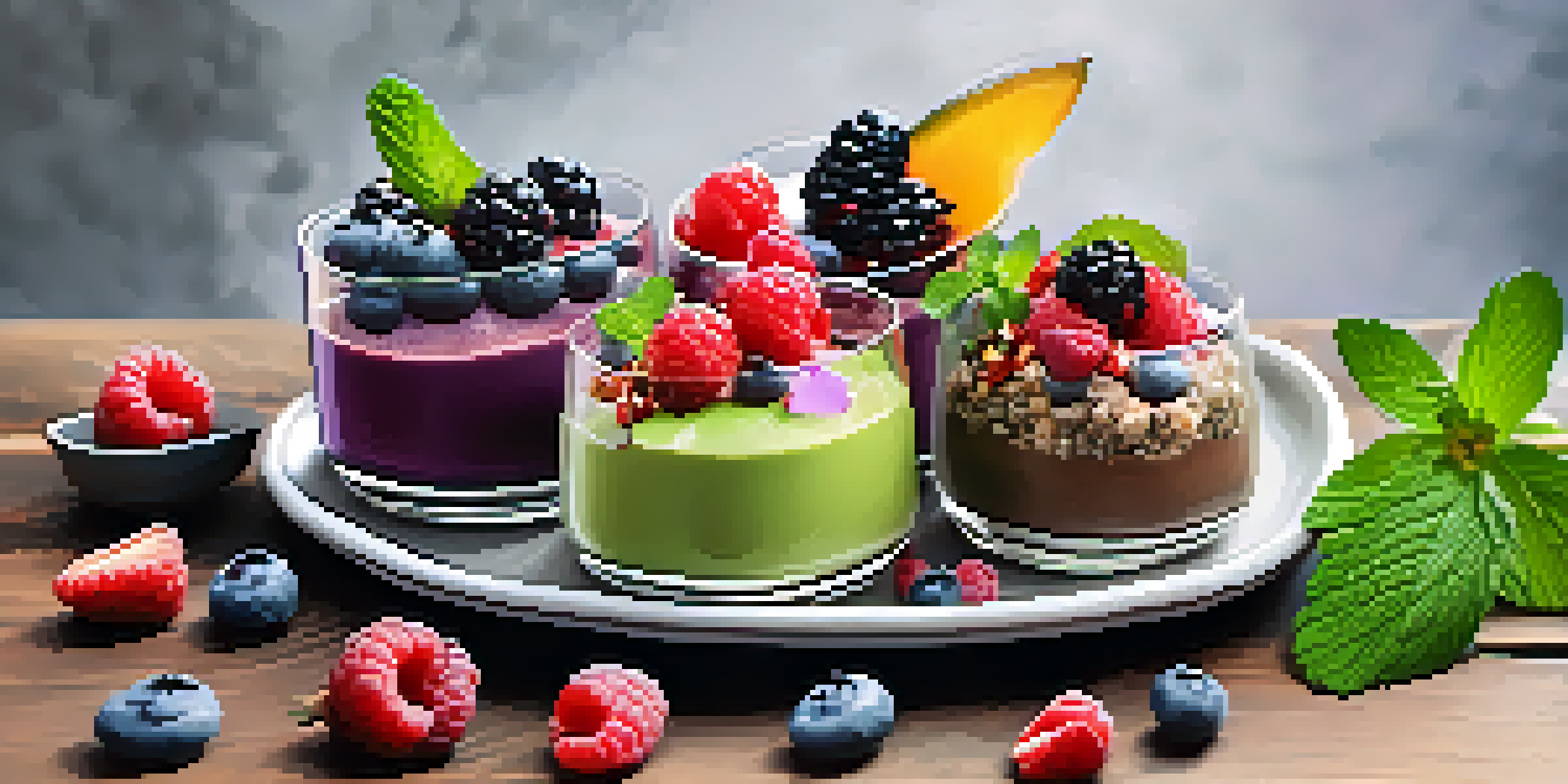 A vegan dessert platter showcasing an assortment of desserts including chocolate mousse, chia pudding, and berry crumble, decorated with fresh fruits and flowers.