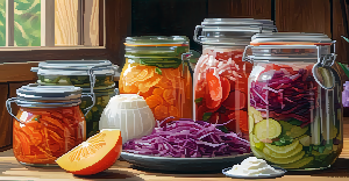 A colorful display of fermented vegan foods including kimchi, yogurt, and sauerkraut in a cozy kitchen setting.