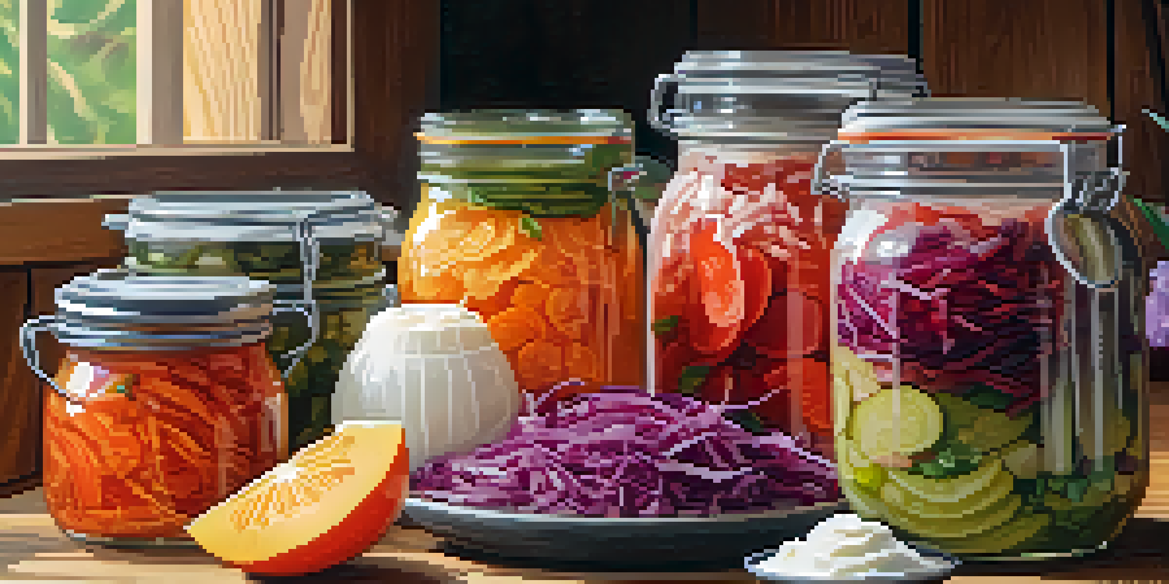 A colorful display of fermented vegan foods including kimchi, yogurt, and sauerkraut in a cozy kitchen setting.