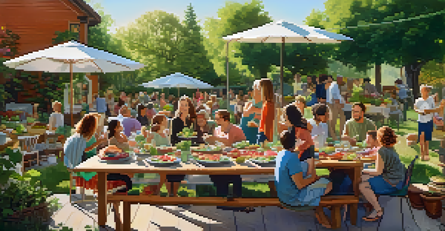A community potluck in a sunny backyard with diverse people sharing homegrown dishes and vibrant produce on a table.