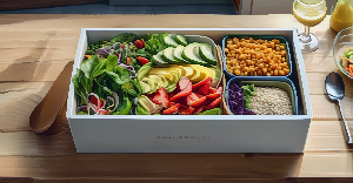 A vegan meal delivery box open on a wooden table, displaying various colorful plant-based dishes in soft natural light.