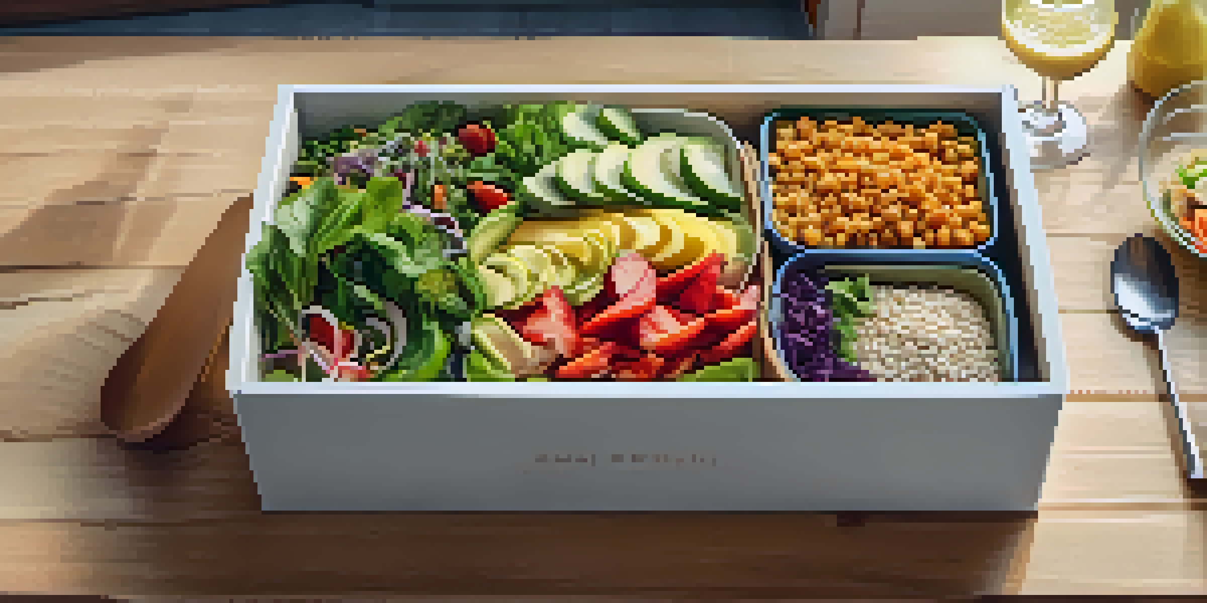 A vegan meal delivery box open on a wooden table, displaying various colorful plant-based dishes in soft natural light.